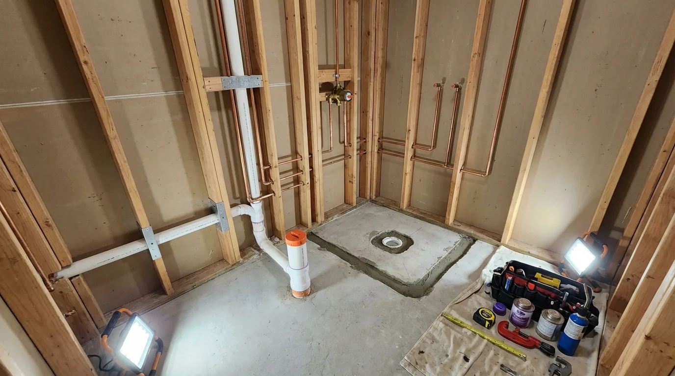 Bathroom rough-in plumbing during remodel by Johns Plumbing LLC in Satsuma