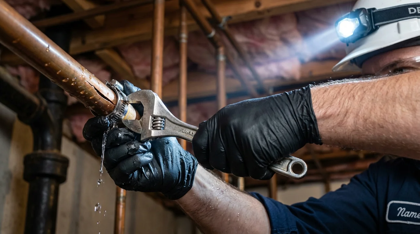 Emergency pipe clamp repair being performed by a Johns Plumbing LLC plumber in Satsuma