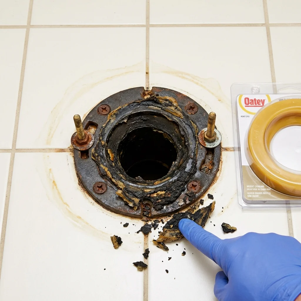 Failed wax ring showing water seepage at the base of a toilet in a Satsuma, AL home