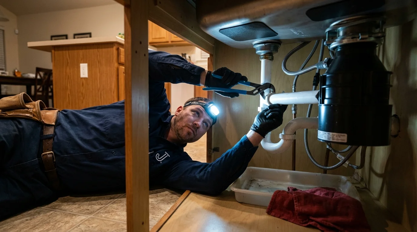P-trap and supply line connections under a kitchen sink showing a common leak point in Satsuma, AL